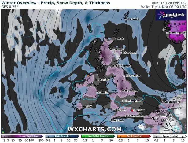 英国降雪地图显示,在一周内,只有两个地区将遭遇“每小时5厘米”的暴雪